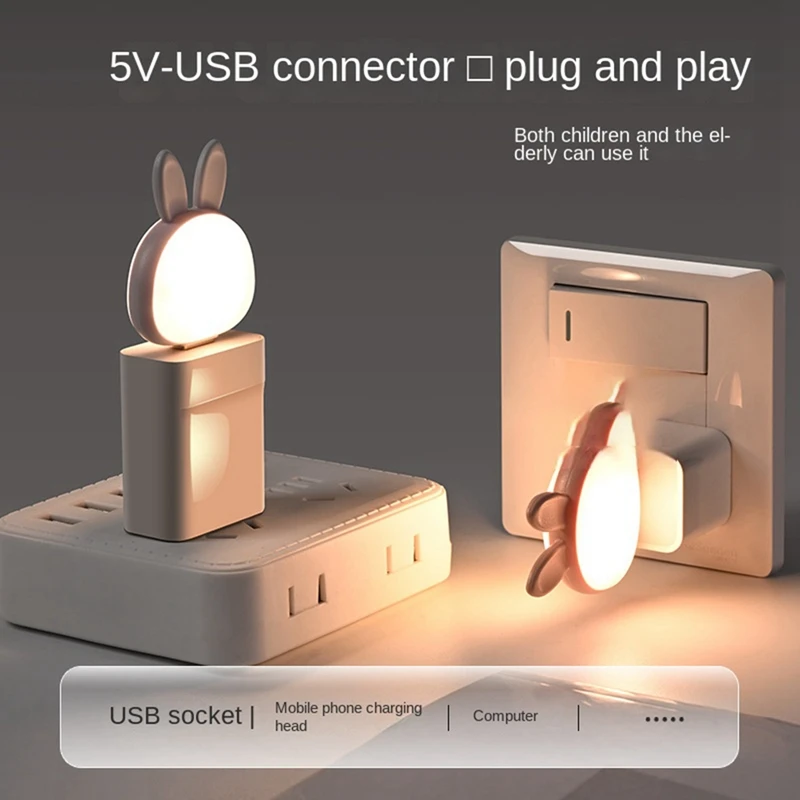 USB-лампа для чтения, 2 шт., мини-светильник в виде зайчика, умный голос, 3 цвета, настольная лампа для спальни, детской комнаты, прочная и простая в использовании