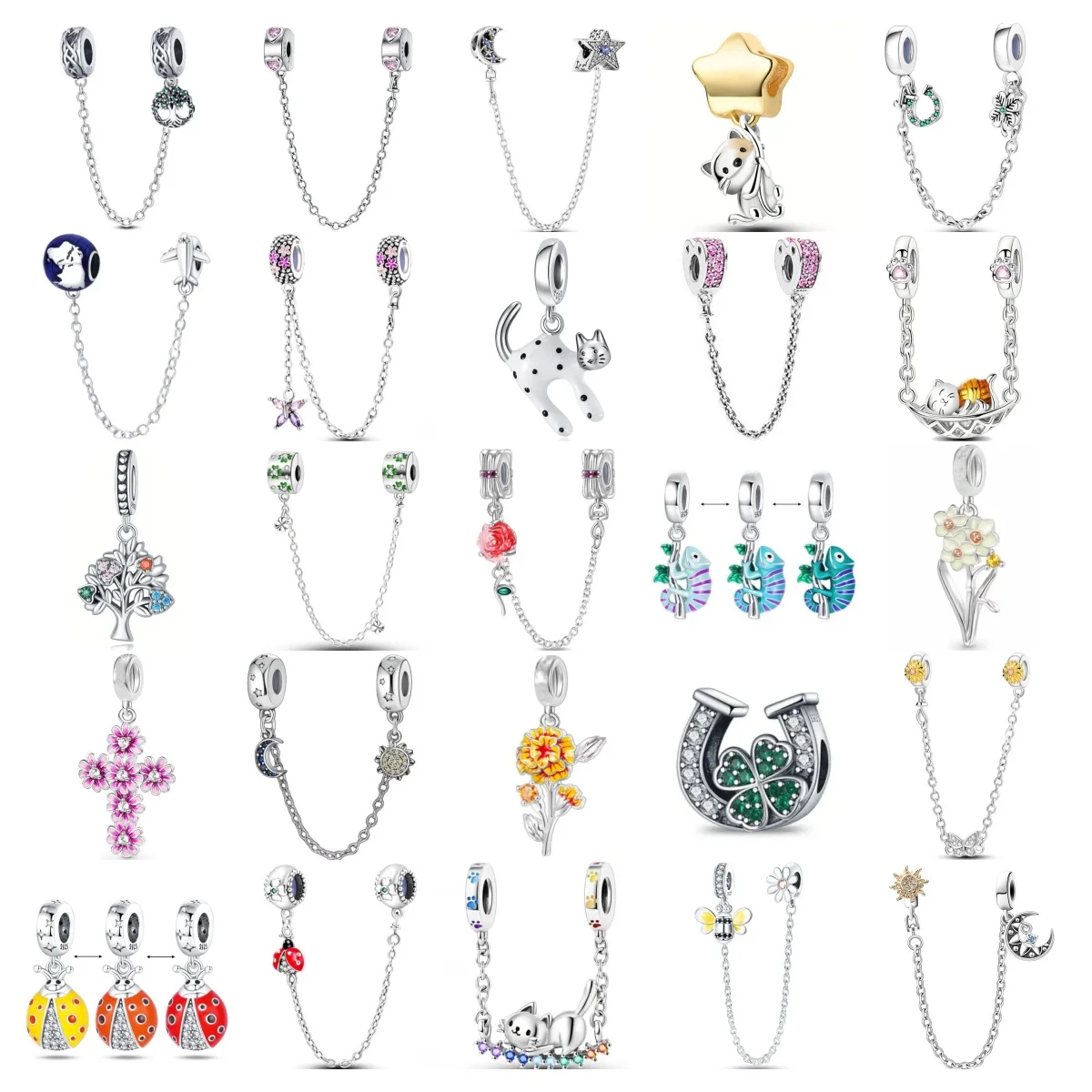 

New 925 Silver Horseshoe Clover Star Cat Charm True eyes Pendant Safety Chain Bead Fit Original Bracelet Jewellery Gift dragon