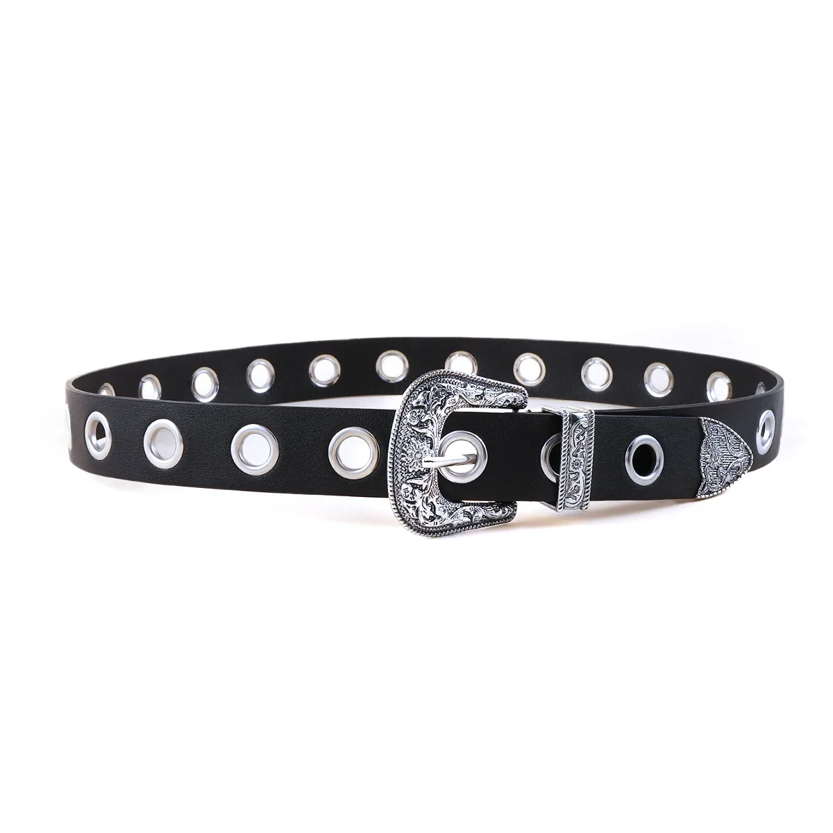 Punk Retro Embossed Buckle Belt round Hole No Punching Casual Trendy Hip Hop Versatile Men's And Women's Wide Leather Belt