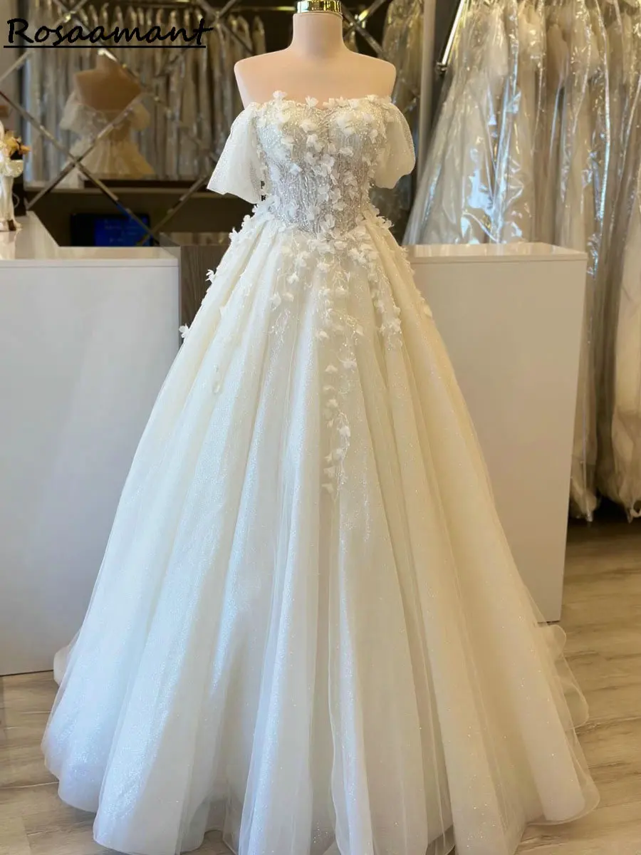 Elegante fora do ombro 3d flores a linha vestidos de casamento lantejoulas apliques rendas personalizado país vestidos de noiva