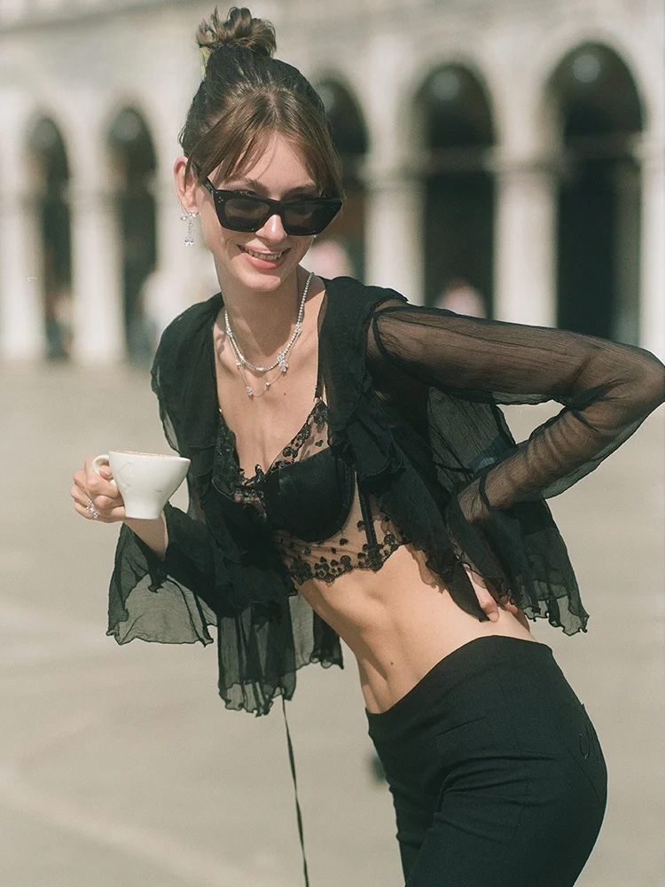 

Silk Bell Sleeve Cover up Women's New Style Lace Bralette Inner Wear Casual Style Slim Fit Long Sleeve round Neck Thin Summer