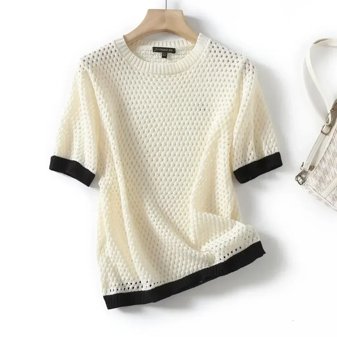 Women's 2023 Fashion New Soft Commuting Style Stitching Hollow Sweater T-shirt Retro Pullover Female Chic Top