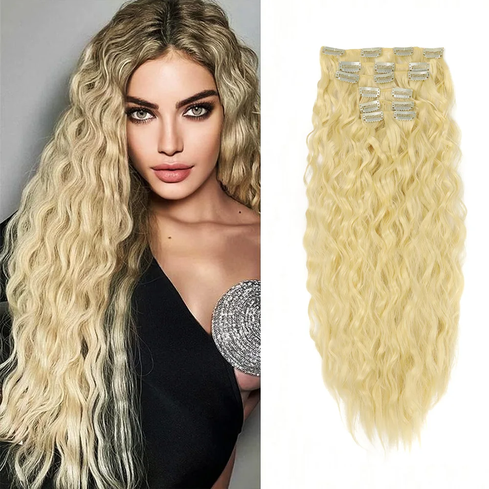 

Синтетические длинные волнистые заколки для наращивания волос 6 шт./компл. кукурузные горячие заколки для наращивания волос 22 дюйма черный коричневый блондин 150 грамм