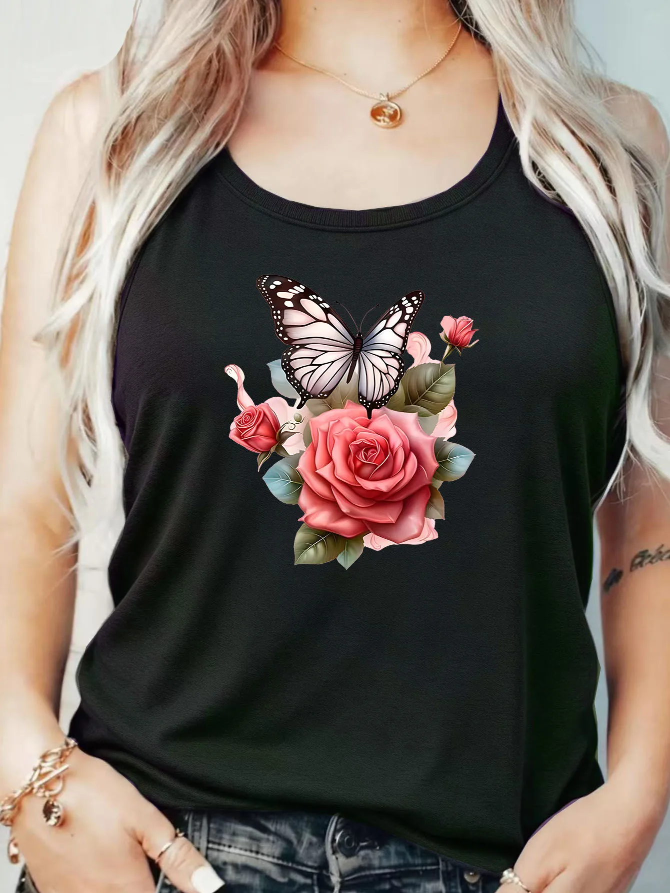 

Loose Fit Printed Pocket T-Shirt for Women with Ribbed Collar round Neck 1-8XL plus Size Comfortable Casual Vest