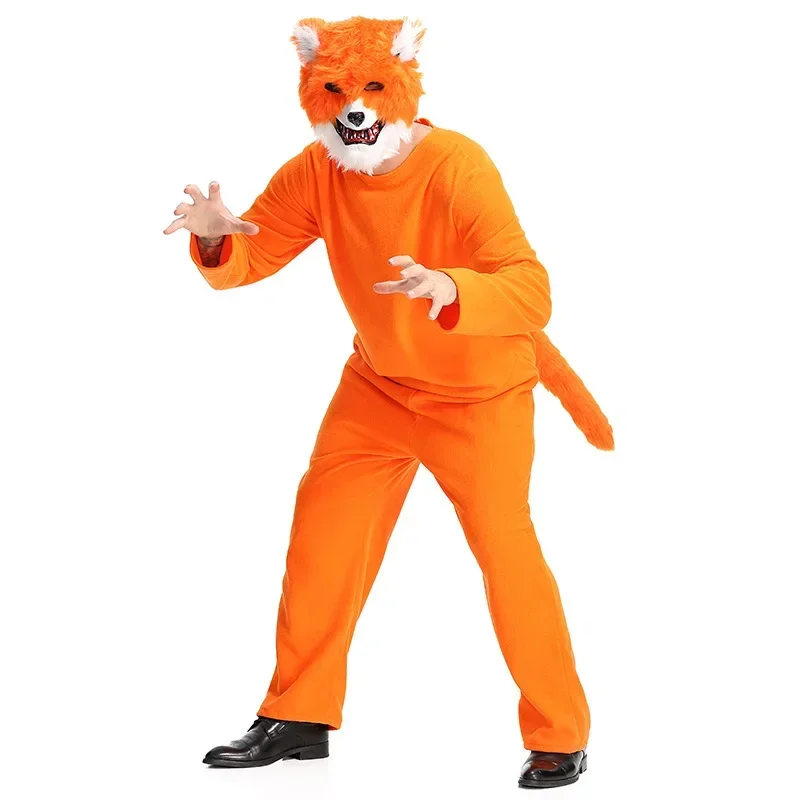 Sn88 adult fox costume animal dress up cosplay unisex onesie with cap fleece orange fox jumpsuit for men women Halloween par % #