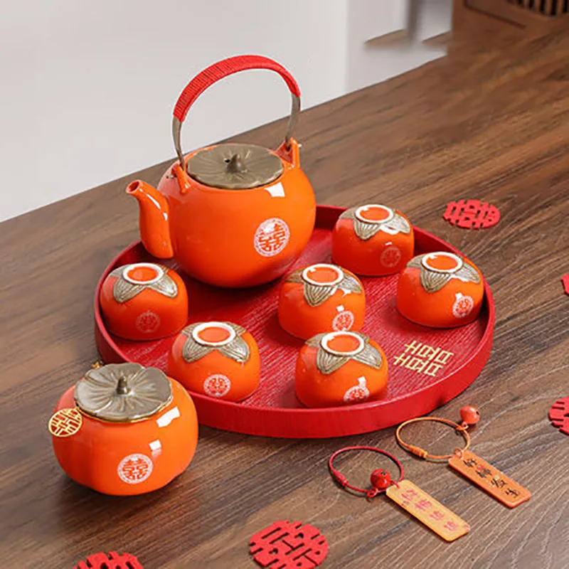 Household Double Happiness Tea Pot Set, Teacup Porcelain Kettle, Persimmon Canister, Red Wedding, Tea Storage Container