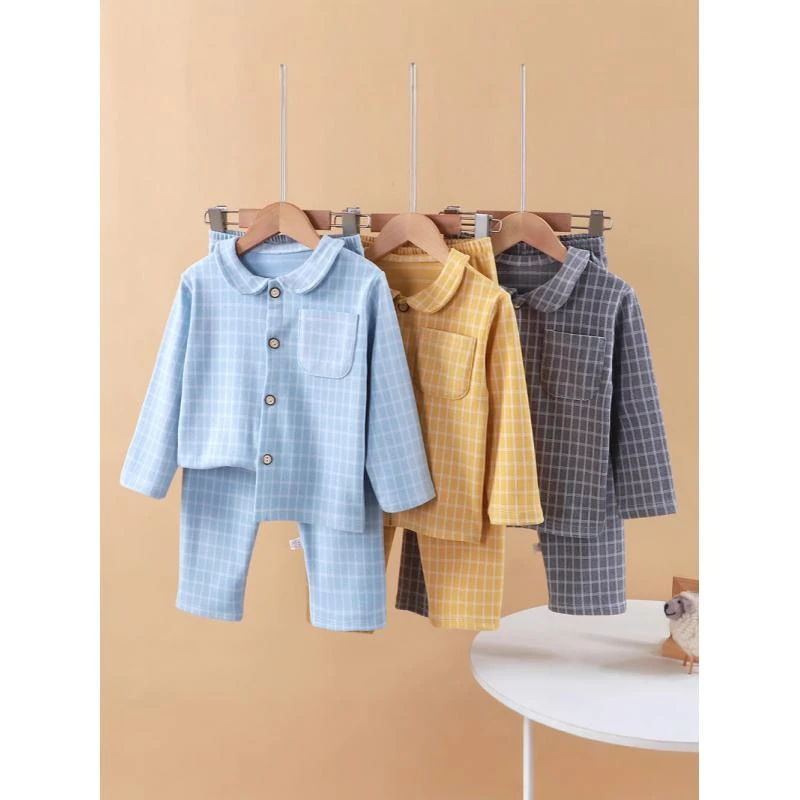 

Boys Girls Autumn Pajamas Homewear Kids Casual Plaid Long Sleeve Lapel Shirt with Pants Pyjamas Youth Sleepwear Clothing Sets