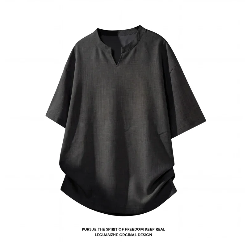 Men Loose Curved Hem Short Sleeve T‑Shirt Notch Split Neck Textured Breathable Fabric For Summer Street Wear And Home Relax Use