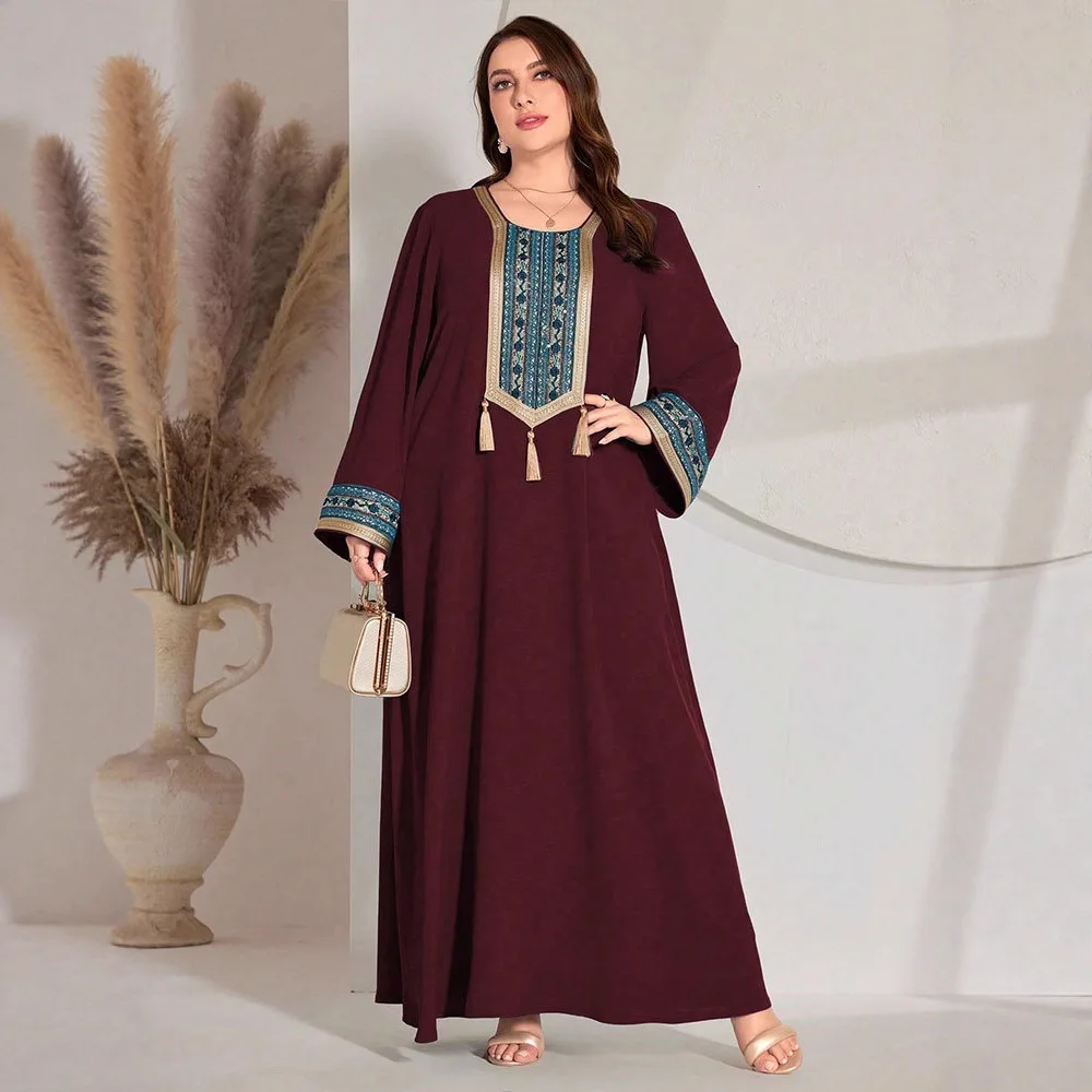 حجم كبير قفطان شرابة التطريز عباية دبي عيد رمضان المرأة فستان مسلم ملابس إسلامية رداء عربي قفطان المغرب فيستدوس