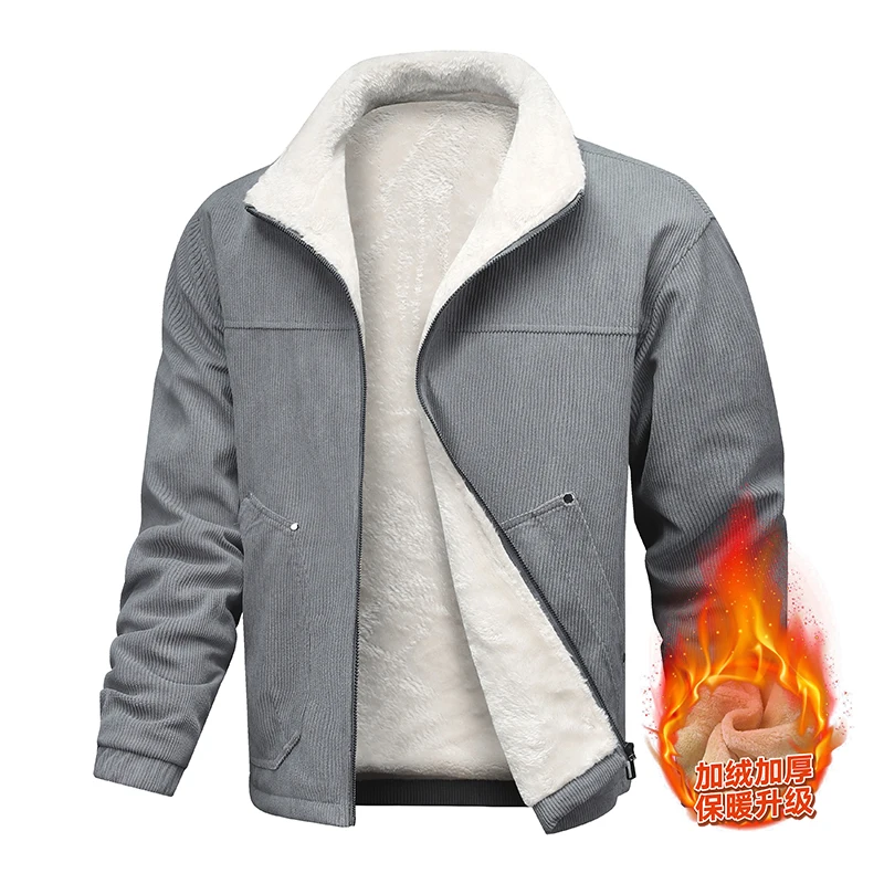 

Мужская белая повседневная вельветовая куртка — флисовая подкладка, меховой воротник и мягкая ткань, удобная для повседневного ношения, уличного и стиля в стиле ретро