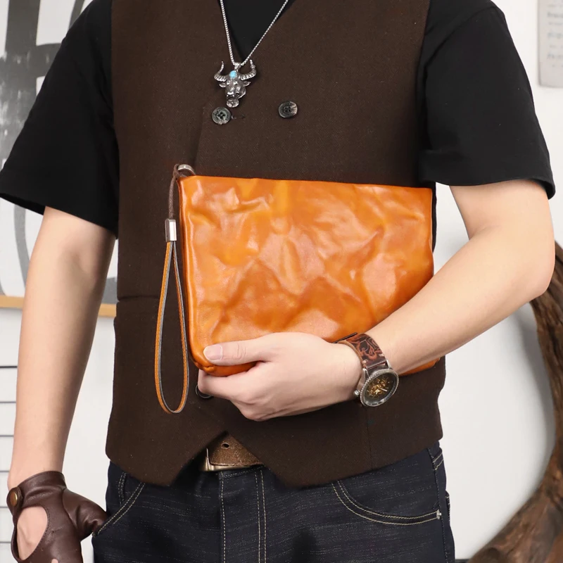 Pleated Craft Handcrafted Retro casual multi-functional crossbody Bag Hold bag Mobile Phone unisex leather wrist bag