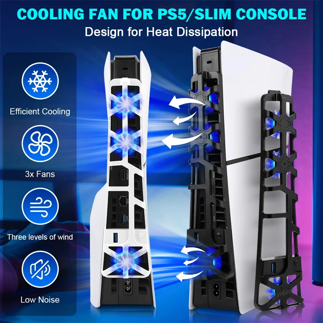 PS5 슬림 냉각 팬의 새로운 기능 LED 조명 냉각 시스템 Playstation5 슬림 게임 액세서리 용 고속 1100RPM USB 쿨러 팬