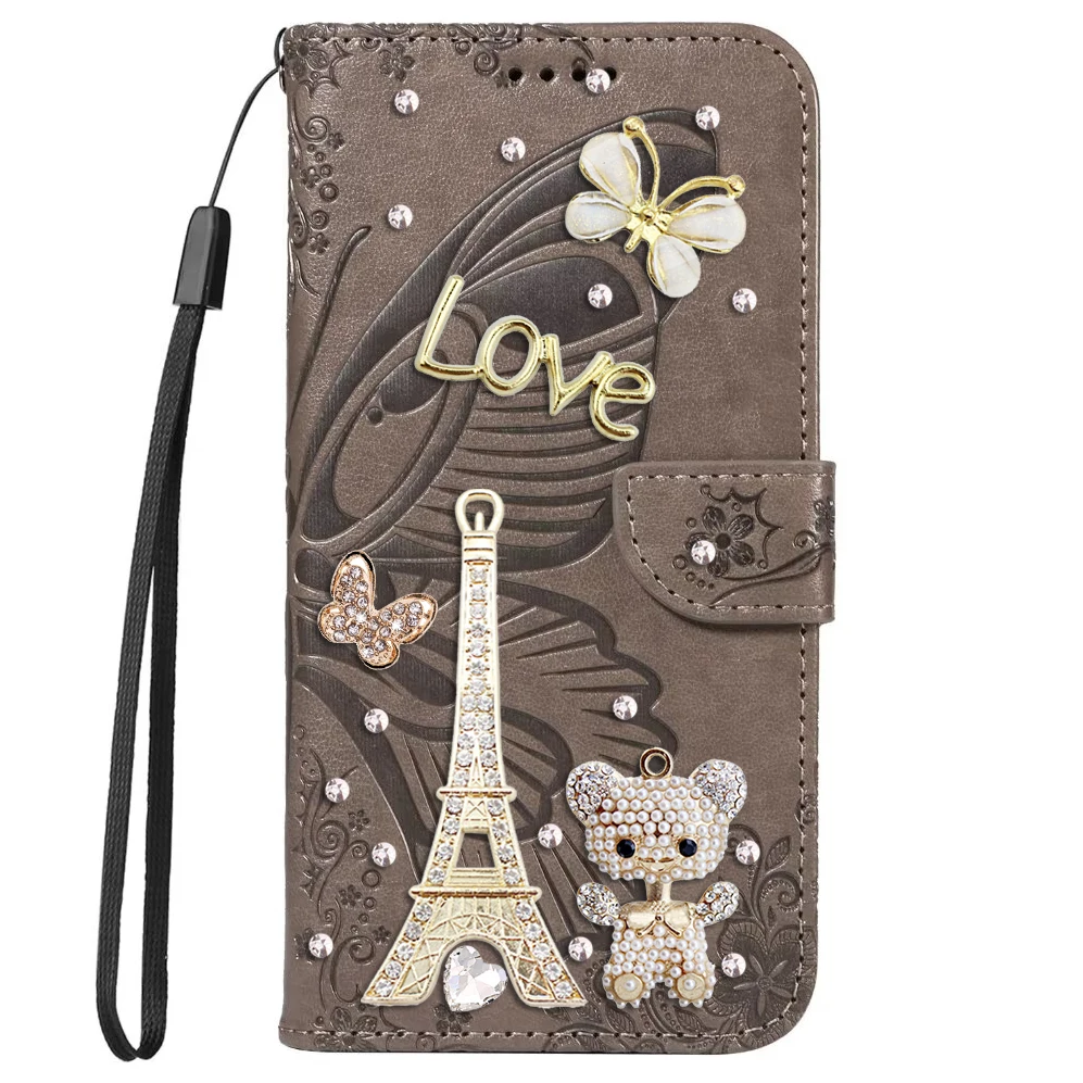 

Cute Bear Leather Phone Case for iPhone 16 11 13 12 Pro Max 14 15 Plus Rhinestone Wallet Coque Silicone Back Cover for Women