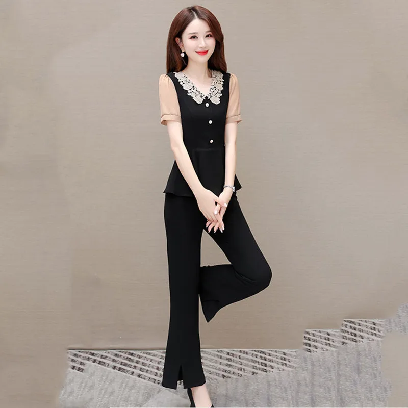 Ensembles de pantalons à col claudine surdimensionnés pour femmes, haut à volants, pantalons à jambes larges, tenues de tailleur-pantalon, vêtements d'été, nouvelle mode, 2 pièces, 2024