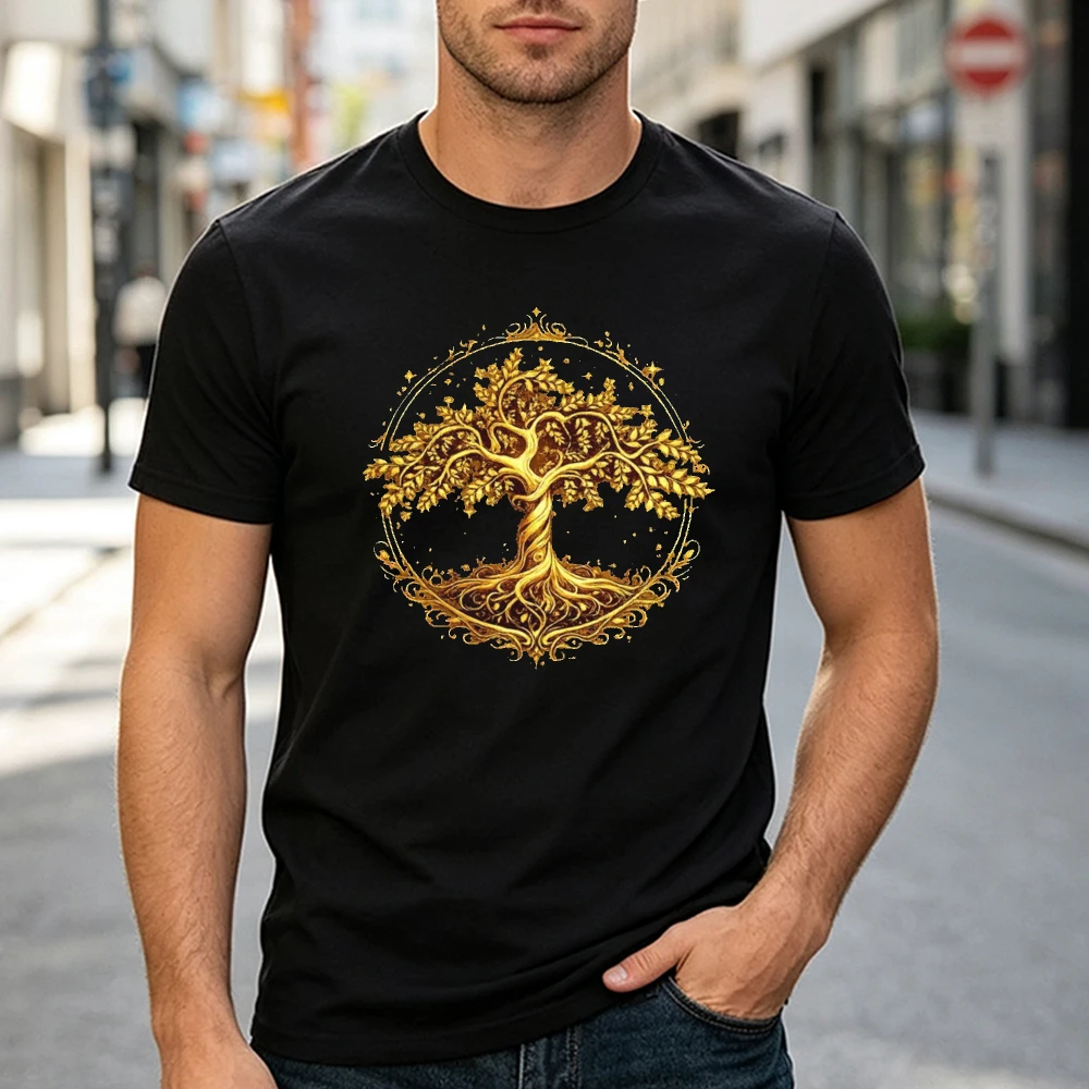 Golden Tree of Life Doodle Graphic Tee Men Celtic Mandala Print Short Sleeve T Shirt Mystical Nature Summer Casual Tops