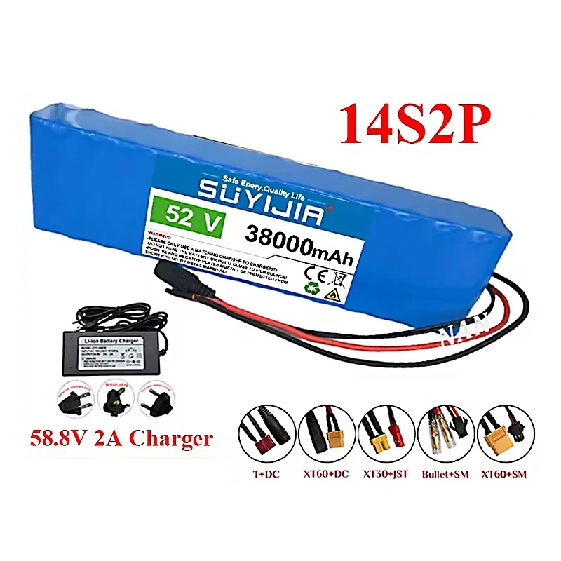 NEW 14S2P 52V 18650 Rechargeable Lithium Battery Pack 38000mAh High Capacity Built-in Smart BMS for E-Bike Scooter Balance Car