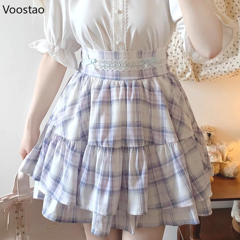 Japanse Zoete Lolita Stijl Mini Rok Vrouwen Kawaii Leuke Kant Strik Geruite Rok Vrouwelijke Zomer Mode Y2k A-lijn Taart Rok