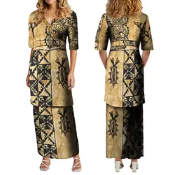 Women'S V-Neck Short Sleeve Elegant Dress Maxi Polynesian Women'S Puletasi Dress Fiji Samoa Tribe Vintage Art Print