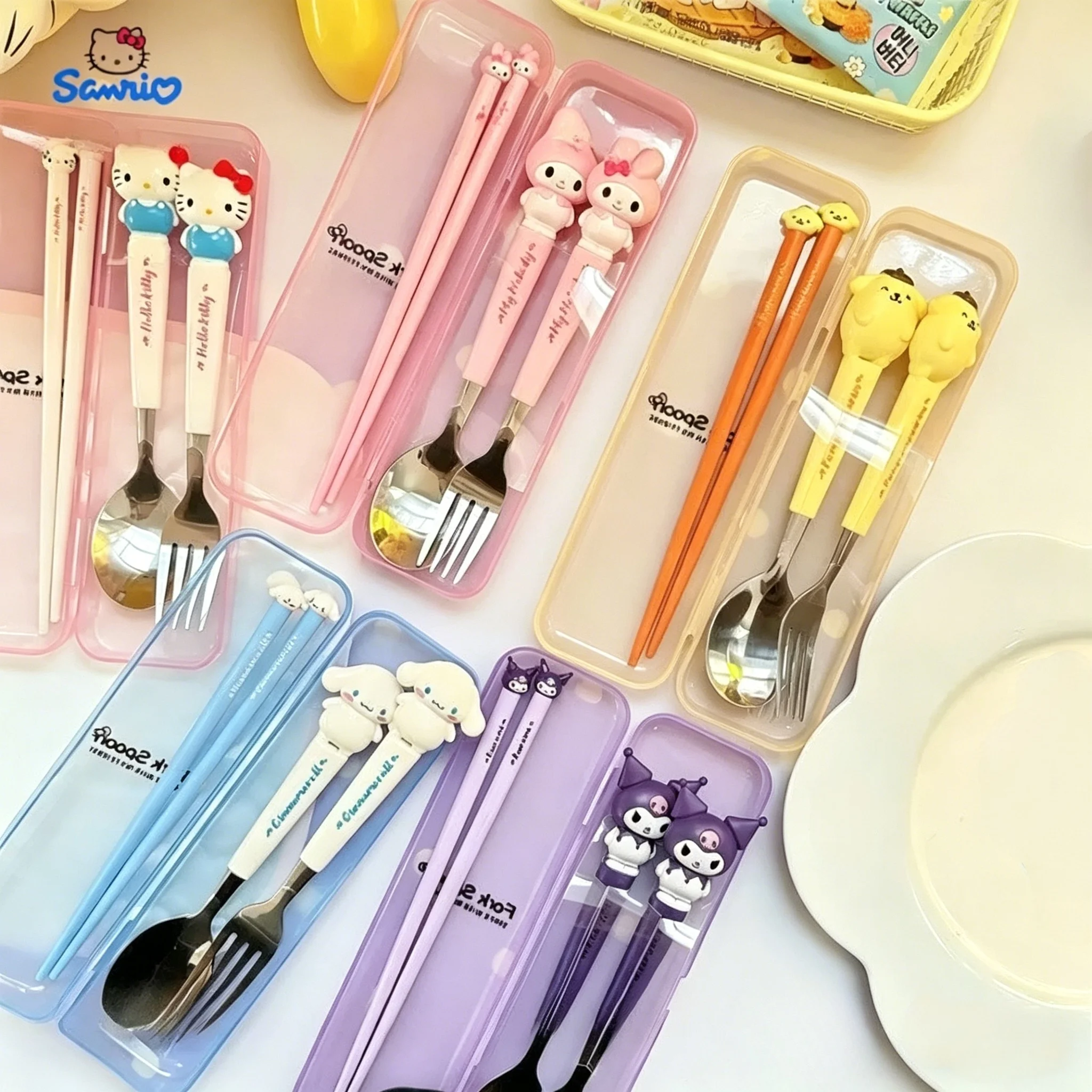 Juego de vajilla de 3 uds. con diseño de Hello Kitty Cat Kuromi, tenedor, cuchara y palillos para niños, juego de vajilla ligero, portátil y bonito