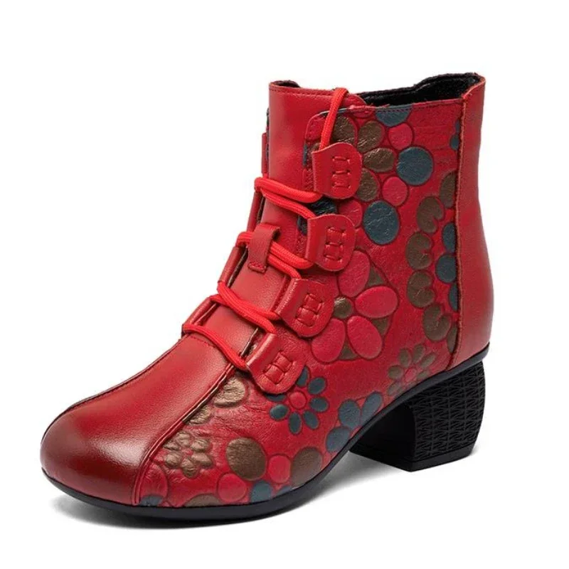 

Новинка 2024, осенне-зимняя теплая обувь из натуральной кожи, женские ботинки с круглым носком и принтом, сапоги на молнии в стиле ретро для отдыха на платформе