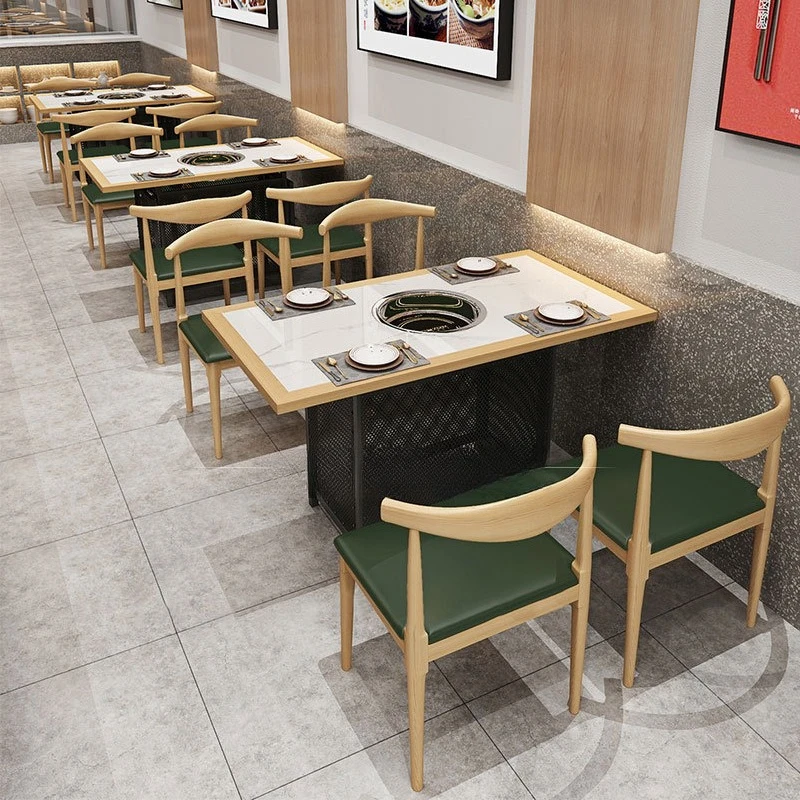 Smokeless restaurant Solid wood barbecue Induction cooker Integrated hot pot restaurant Card seat Table and chair