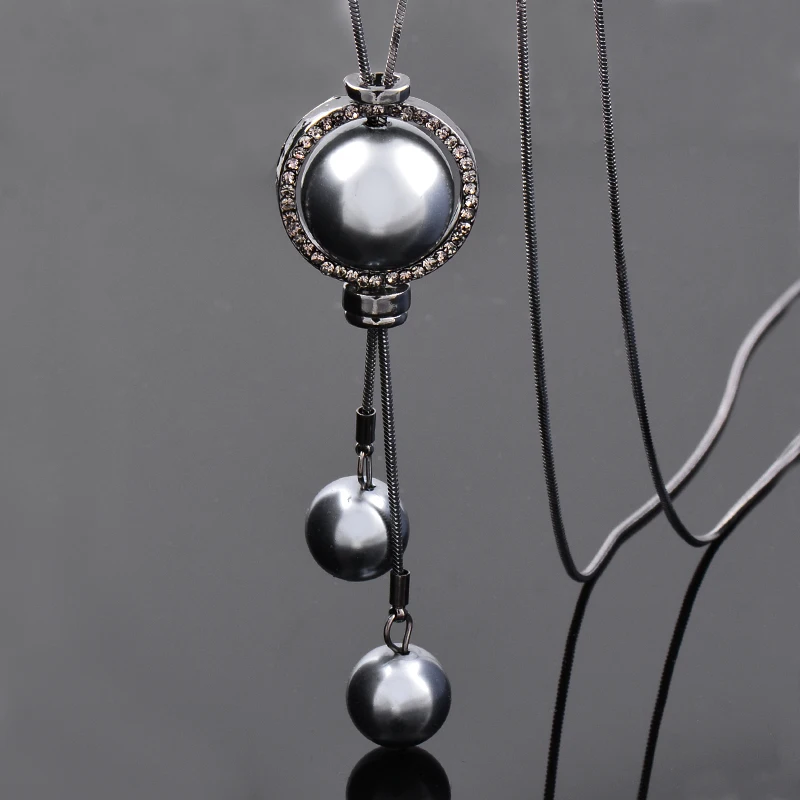 SINLEERY Elegant White Grey Pearl Ball Tassels Pendant Long Necklace Silver Color Chain For Women Fashion Jewelry