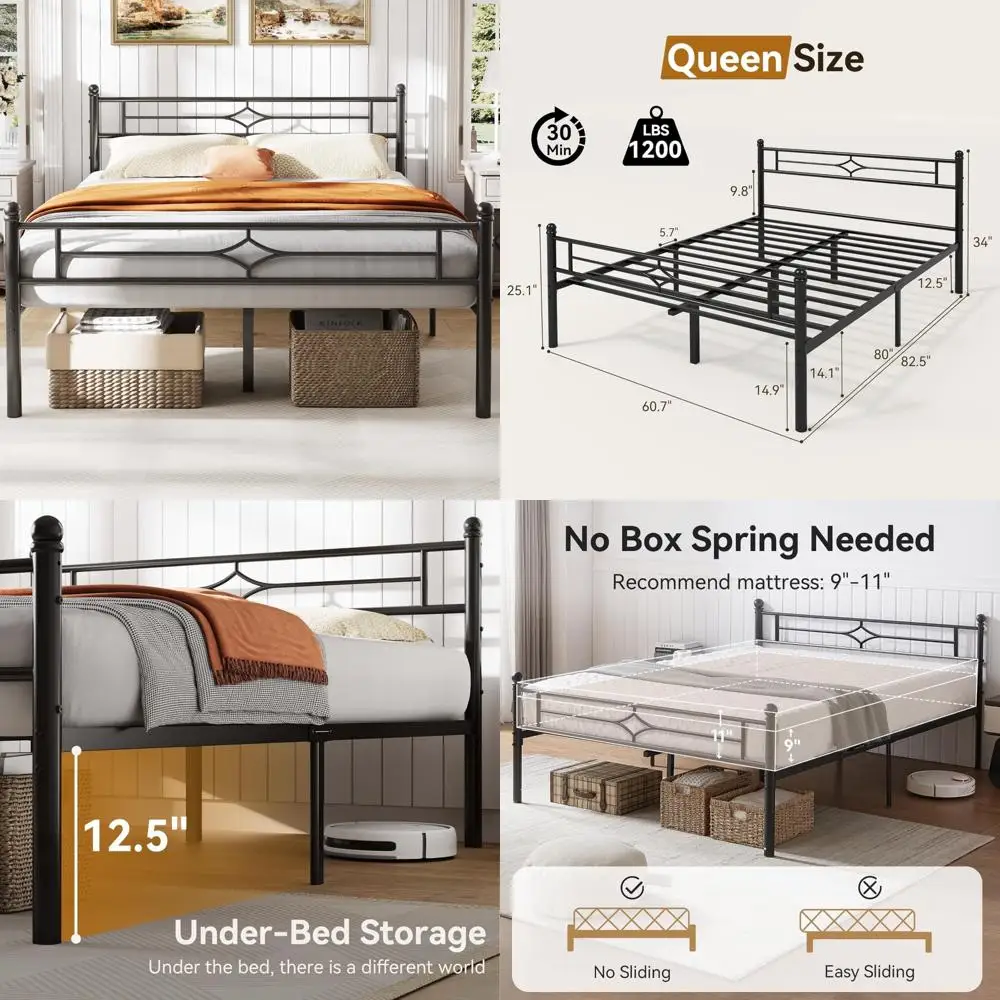 Metal Bed Frame with Headboard and Footboard, Premium Steel Slats