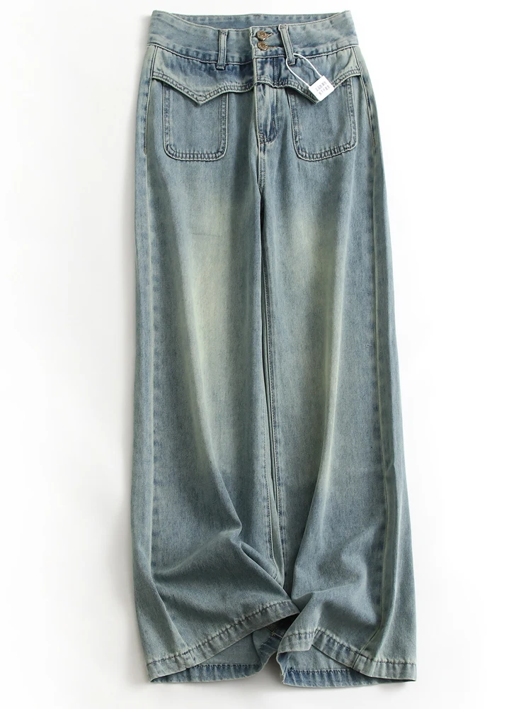 

Retro Light Blue Washed High Waist Straight Leg Jeans Women's Loose Fit Long Leg Lengthening Casual Denim Pants K333