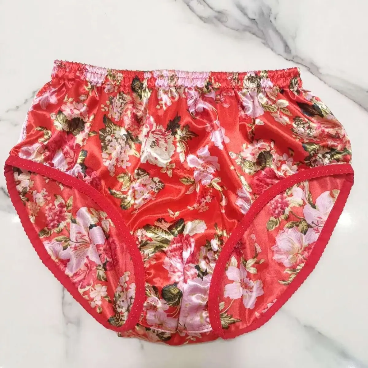 Men Briefs Handmade Single-Layer Glossy Ice Silk Satin Flower Panties Plus Size Underwear Women Sexy Lingerie