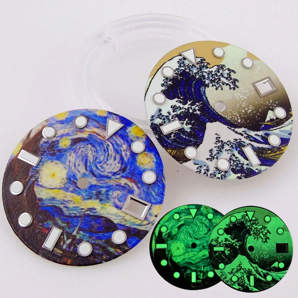 Luminous Dial 29mm Starry Sky Watch Dial Kanagawa Surfing Face For Mod NH35 NH36 Movement Vintage Dial Watch Spare Parts