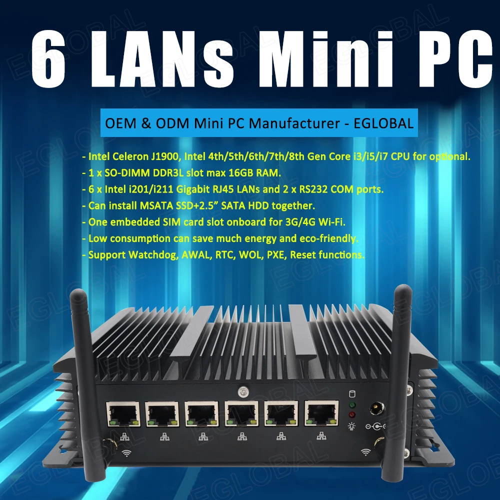 EGLOBAL 12 Gen Mini tanpa kipas industri PC i7-1255U i5-1235U 32G DDR5 512G NVMe komputer Desktop Windows11 6x RJ45 LAN