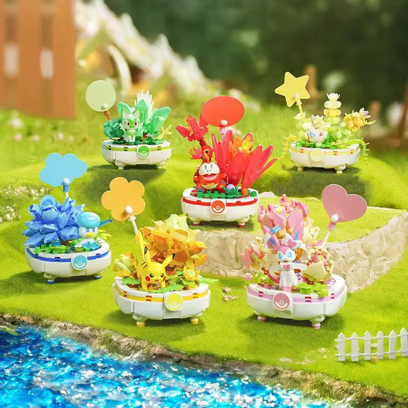 New Anime Pokemon DIY Building Block Figure Toys Pikachu  Sylveon Togepi Cartoon Model Home Decoration Plant Potted Flower Brick image 2