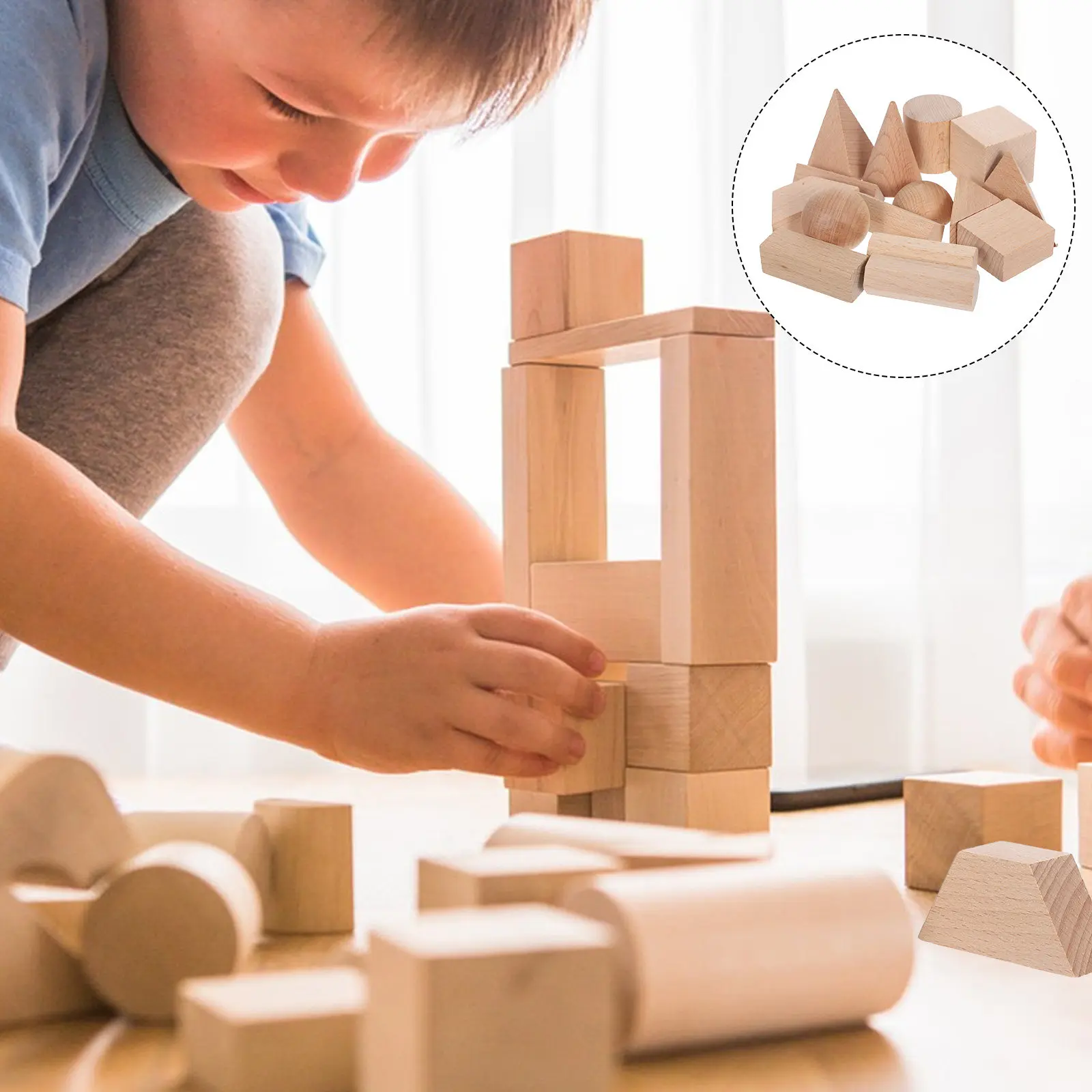 15 szt. Naturalne drewniane klocki, geometryczne kształty, khaki, do nauki w przedszkolu, układania w stosy, sortowania, rozwijania motoryki małej dla maluchów.