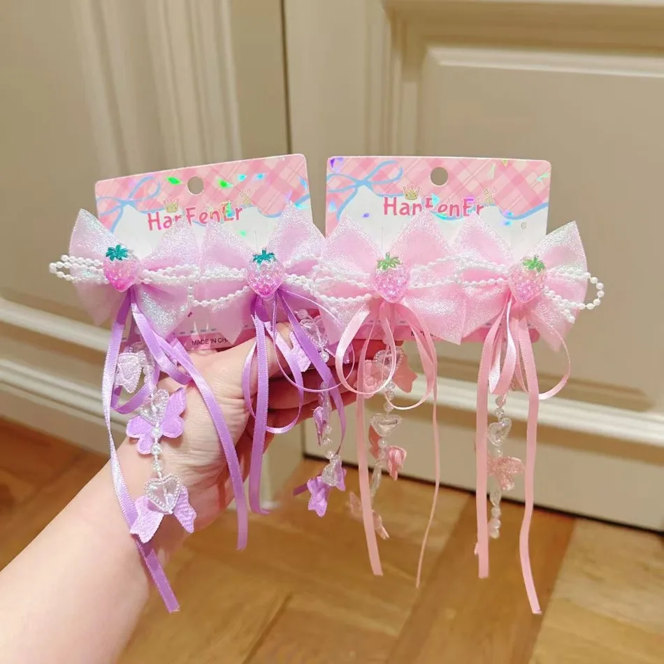 Children Hairpins Spring Headdresses Fairy-like Korean Streamers Strawberry Pendants Little Girls Chinese Style Hair Clips TM04