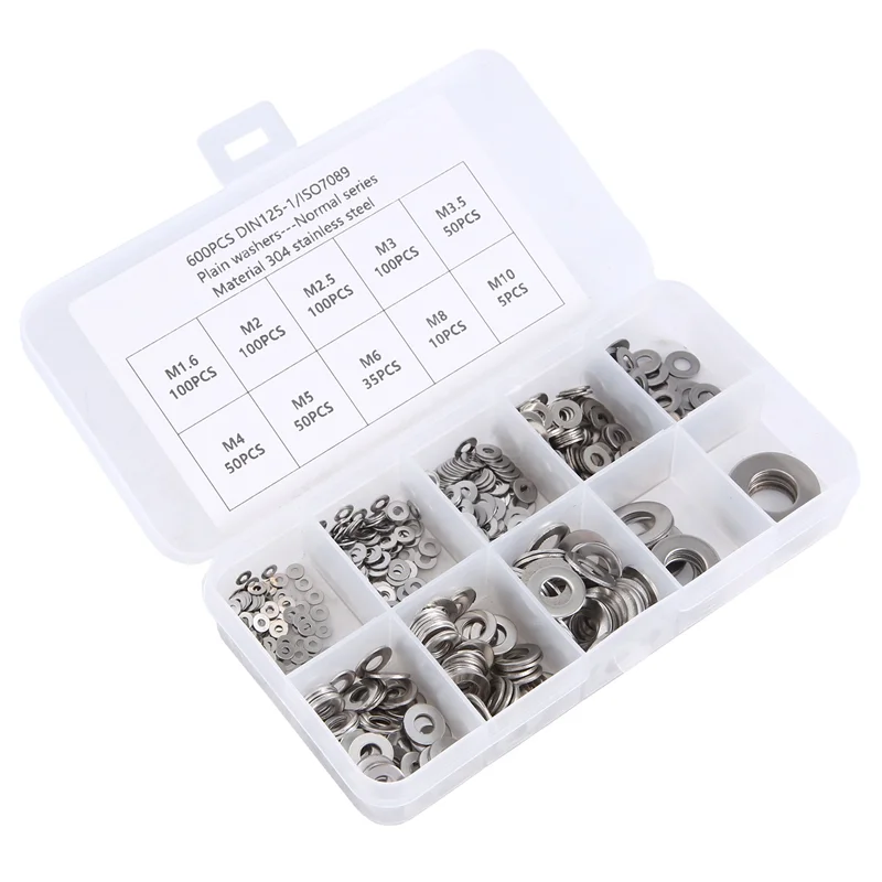 AEE3-600 stks/set M1.6 M2 M2.5 M3 M3.5 M4 M5 M6 M8 M10 Rvs Platte Ring Plain Washer Pakkingen Assortiment Kit