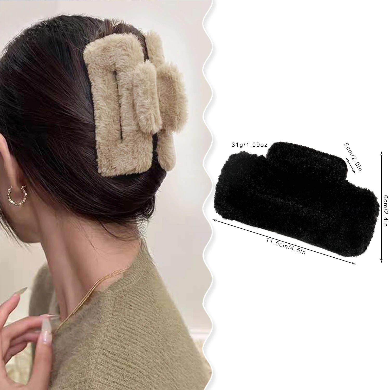 11cm Winter Plush Square Hair Claw Acrylic Korean Elegant Ponytail Hairpin Faux Fur Shark Clip Barrettes Hair Crab Accessories