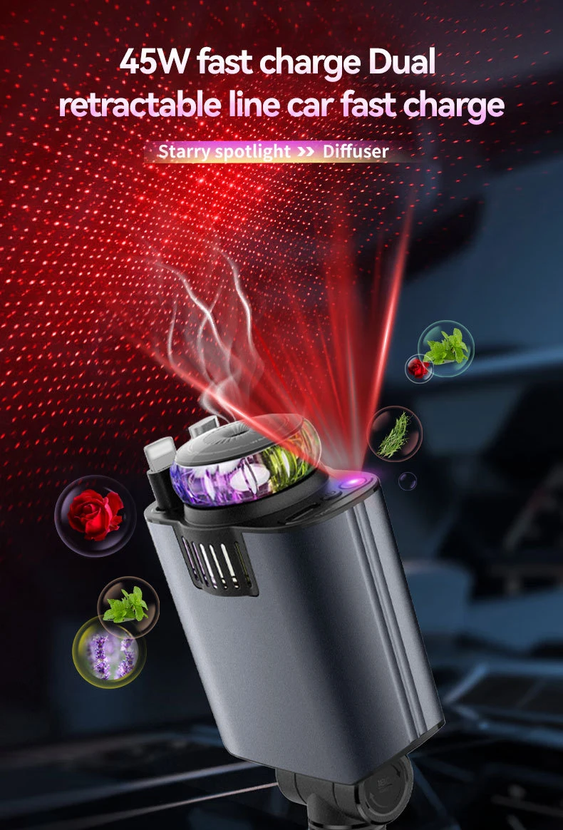 5-in-1-Auto-Aromatherapie-Diffusor für ätherische Öle, Sternenlicht, 45 W, einziehbares Telefon-Ladegerät mit IOS Typ C PD30W-Kabel für iPhone – Detail 1