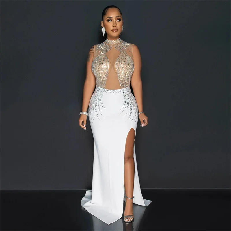 Robe de Soirée Longue en Maille et Strass Transparente pour Femme, Tenue Élégante de Luxe en Forme de Sirène, Fente Haute, Patchwork