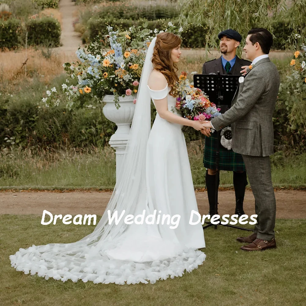 DREAM-vestidos de novia de satén con hombros descubiertos, personalizados, con flores en 3D, velo, cuello barco, vestidos de novia sin espalda, vestidos de boda 2025