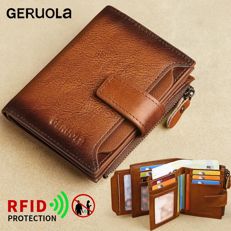 Carteira masculina de couro genuíno GERUOLA, carteira dobrável antirroubo com bloqueio RFID vintage, janela de identificação, bolso para moedas e fecho com zíper