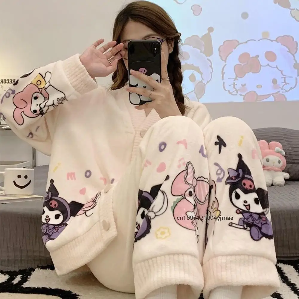 Kawaii 2 ชิ้น Cinnamoroll ชุดนอนขนแกะปะการังการ์ตูน Sanrio Kuromi ฤดูใบไม้ร่วงฤดูหนาวการ์ตูน Loungewear สาวเสื้อสเวตเตอร์ถักกางเกง Homewear