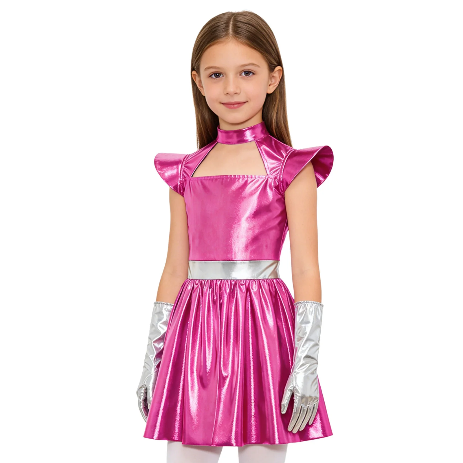 Kids Girls Space Alien Robot Astronaut Galaxy Warrior Cosplay Costume Metallic Shiny Dress with Gloves for Halloween Theme Party
