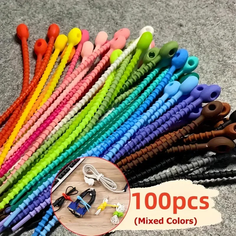 100PCS Silicone reusable cable organizer, winding device, storage bag, cable management with zip ties, twisted cords