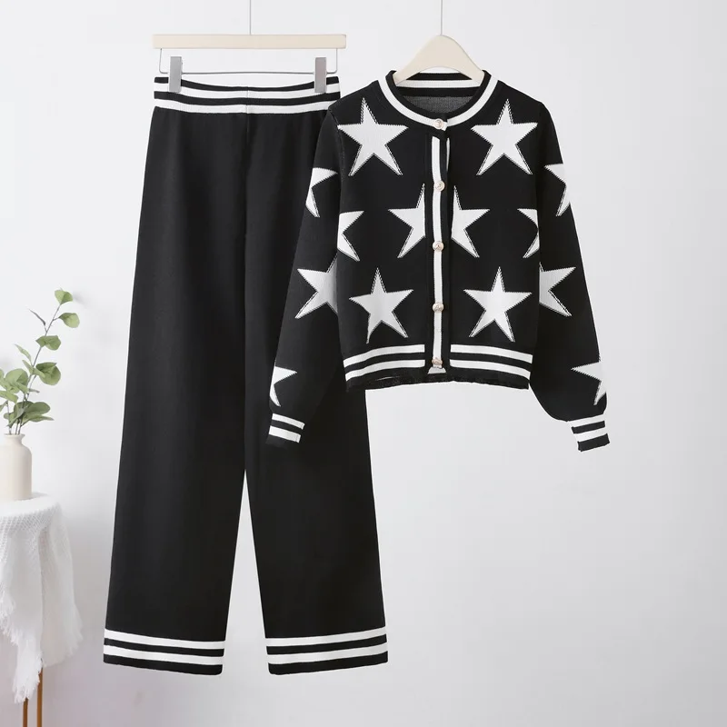 2024 Five-pointed Star Jacquard Contrast Color Knitted  O Neck Sweater Jacket Women Casual Pants Women Two Piece Sets Elegant