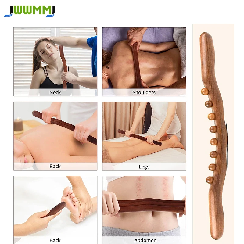 1Pcs Guasha Wood Stick Tools Wooden Therapy Scraping Lymphatic Drainage Massager,Double Row 8 Beads Point Treatment  Tools