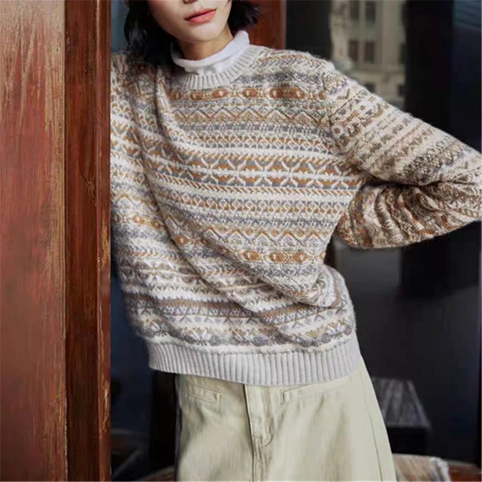 Women's Faire Isle Sweater High Quality Wool Warm Knitwear 2024 New Hot Sale Luxury Design Kalgoorlie Crew Neck Pullover