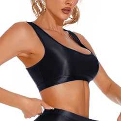 Sexy Women Glossy Crop Top Hight Cut Short Vest Yoga T-Shirts Gym Sports Bra U Neck Tank Tops Solid Thin Breathable Lingerie