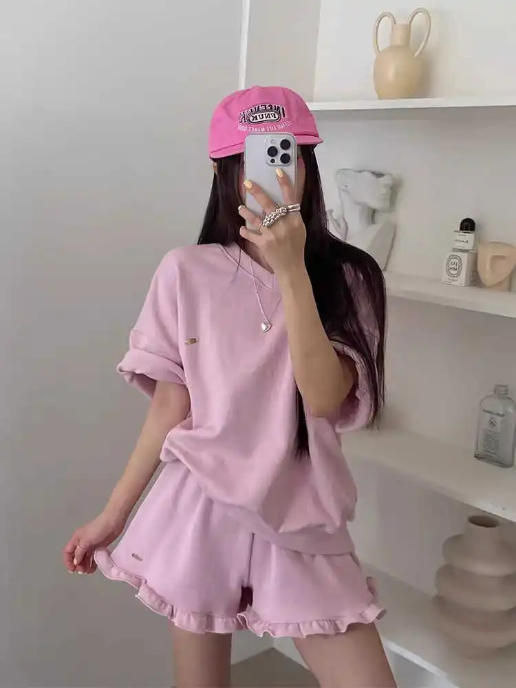 

Clothland Women Sweet Ruffle Two Piece Set Short Sleeve Shirt Blouse Mini Shorts Tracksuits Casual Female Suits TA584