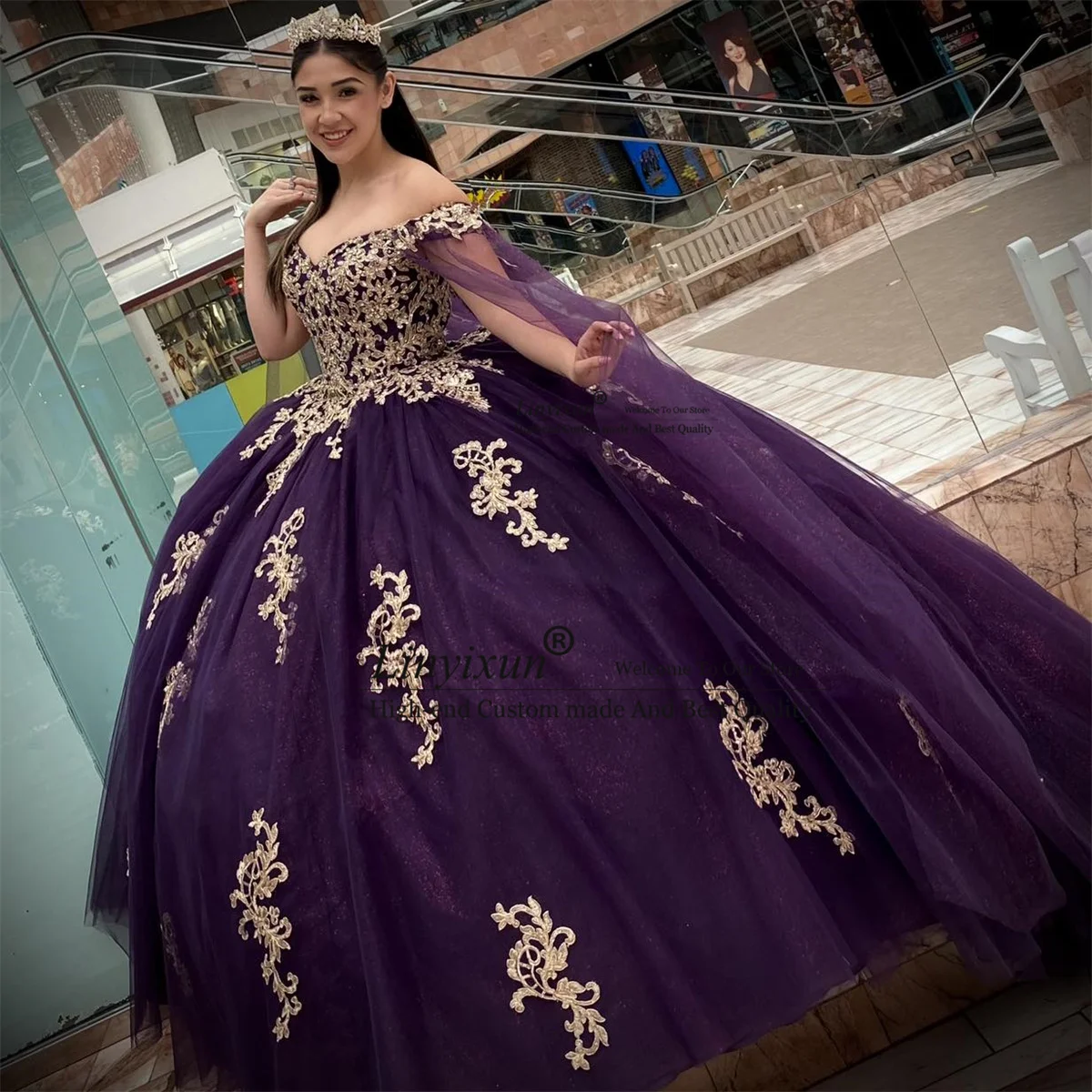 Purple Mexican Quinceanera Dress Appliques Lace Birthday Sweet 16 Gown With Cape Ball Gown Corset Lace Up Vestidos De 15 XV Años