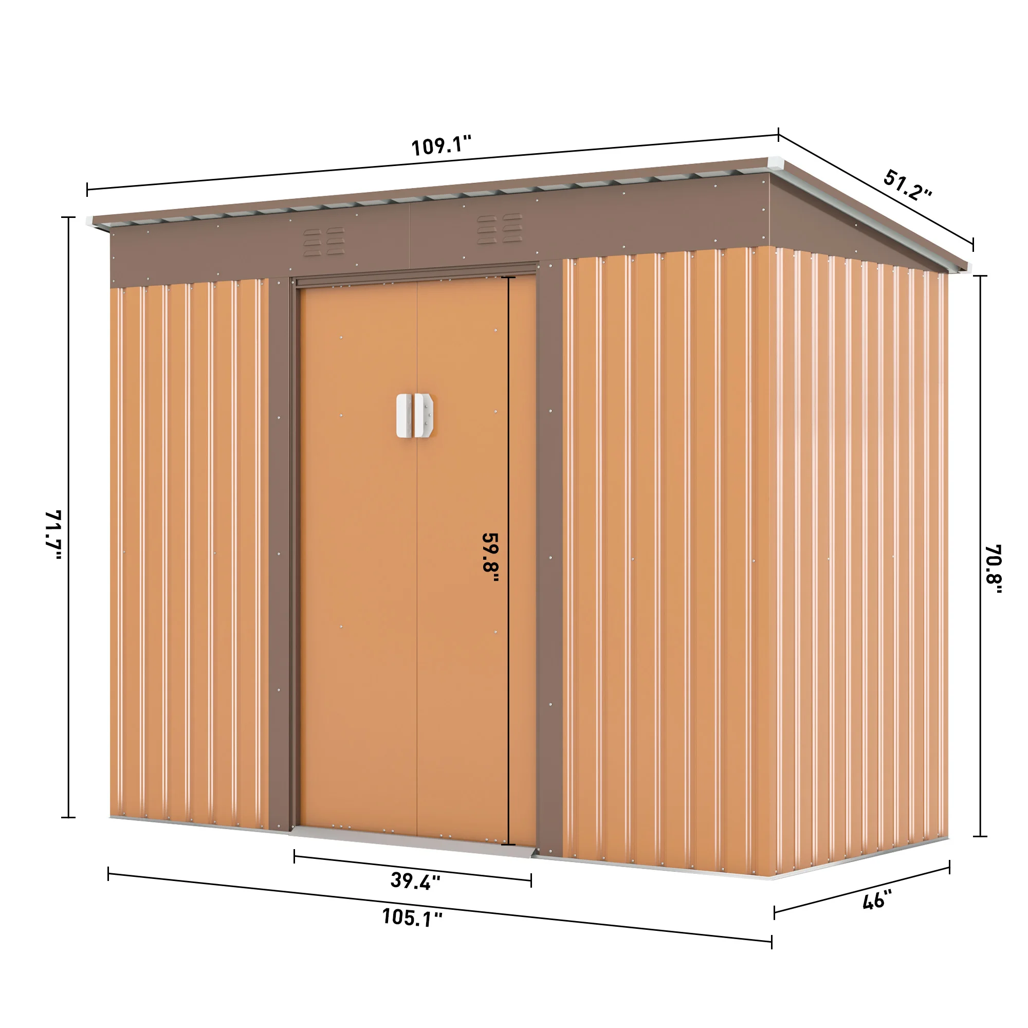 Cobertizo de almacenamiento para exteriores de 4,2x9,1 pies, cobertizo de herramientas de Metal con rejillas de ventilación de puertas bloqueables, cobertizo de jardín utilitario para Patio trasero, marrón